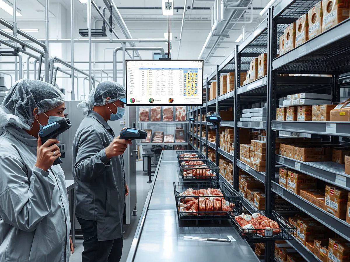 肉制品加工企业生产线上工人使用扫码枪进行批次追溯